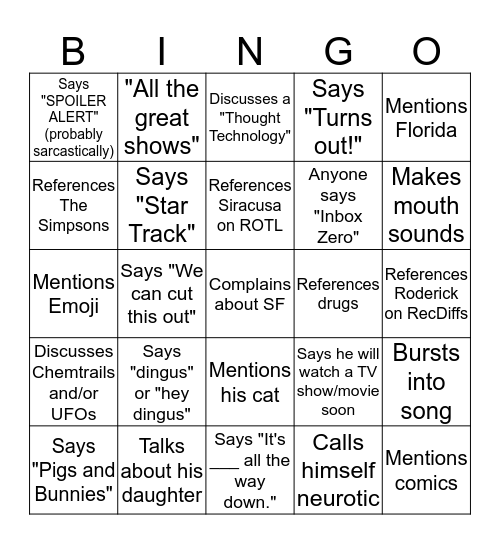 Merlin Mann Podcast Bingo Card