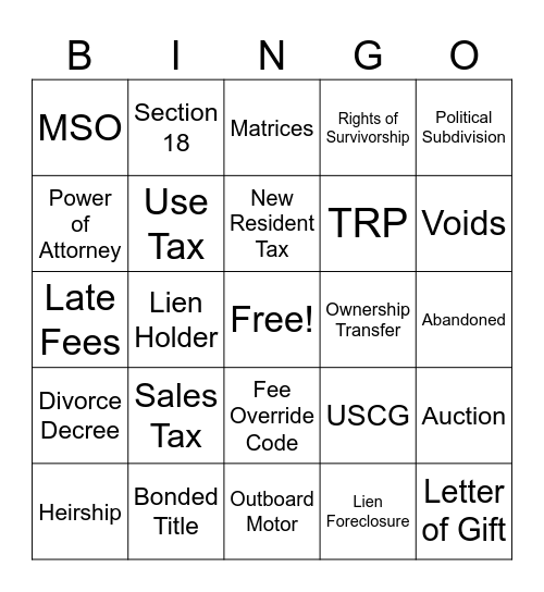 Boat Titling and Registration BINGO Card