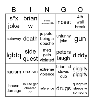 family guy Bingo Card