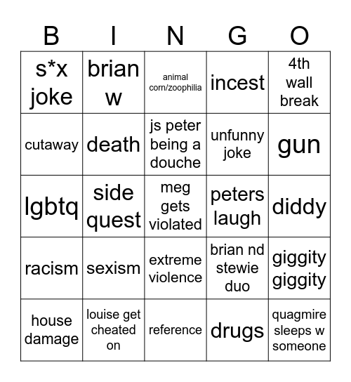 family guy Bingo Card