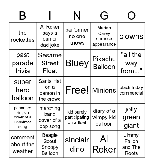 Macy's Thanksgiving Day Parade 2024 Bingo Card