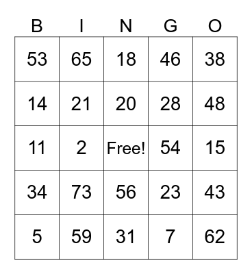 Numbers 1-75 Bingo Card