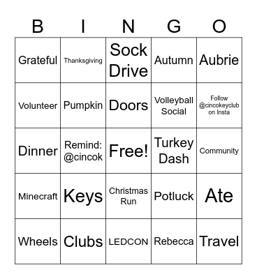 Key Club 11/22 Bingo Card
