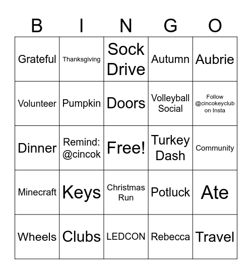 Key Club 11/22 Bingo Card