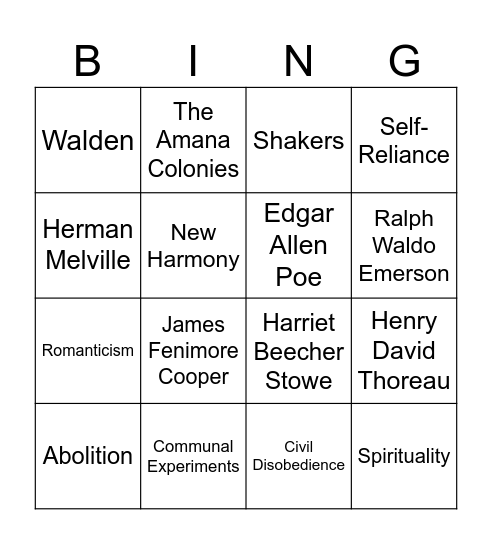 Transcendentalism Bingo Card