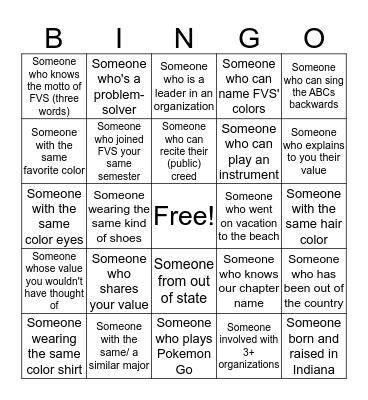 What is the most important value to you? ________ Bingo Card