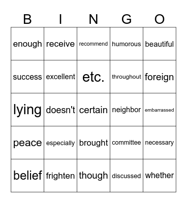 6th Grade Sight Words Bingo Card