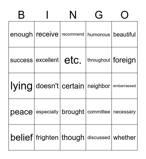 6th Grade Sight Words Bingo Card