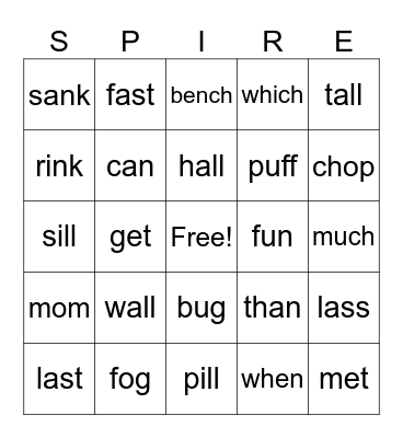 SPIRE 2 Lesson 2.2a Bingo Card
