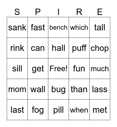 SPIRE 2 Lesson 2.2a Bingo Card