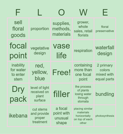 Floral Design Bingo Card