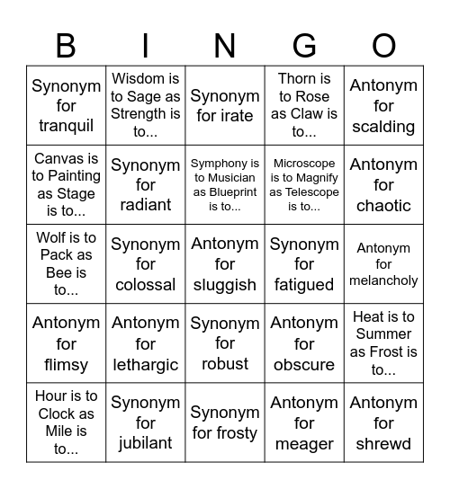 Synonyms, Antonyms & Analogies Bingo Card