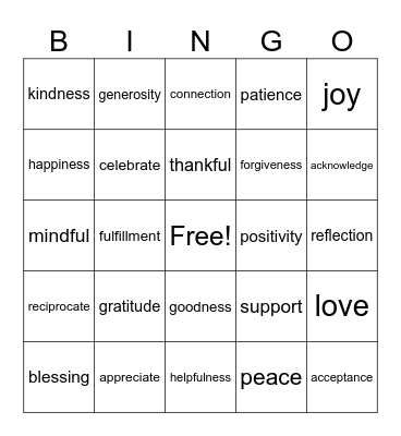 gratitude Bingo Card