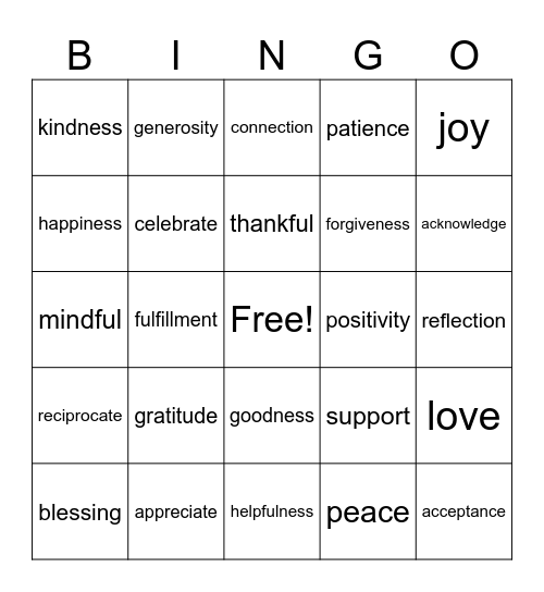 gratitude Bingo Card