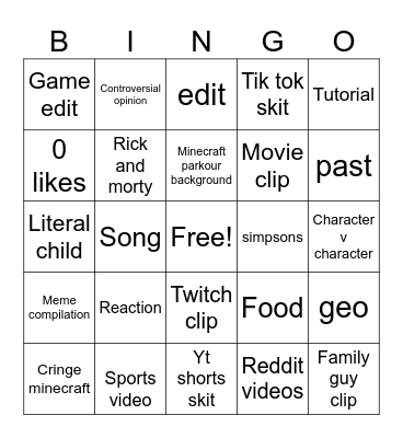 YouTube shorts Bingo Card