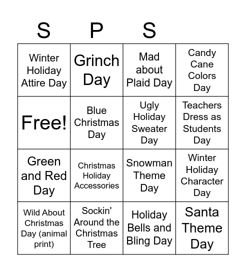 Sheldon Pines Holiday Bingo Card