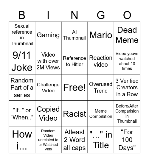 Yt recommendation Section Bingo Card