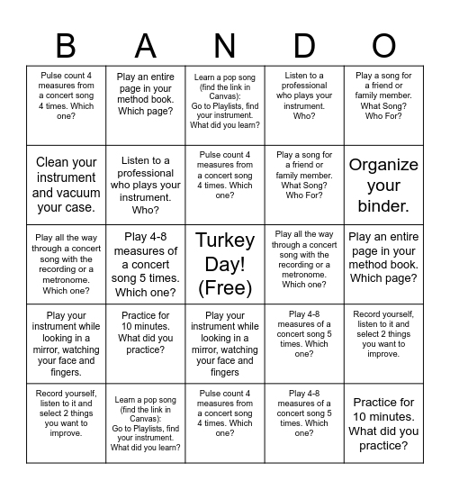 Fall Break Extra Credit Bingo Card