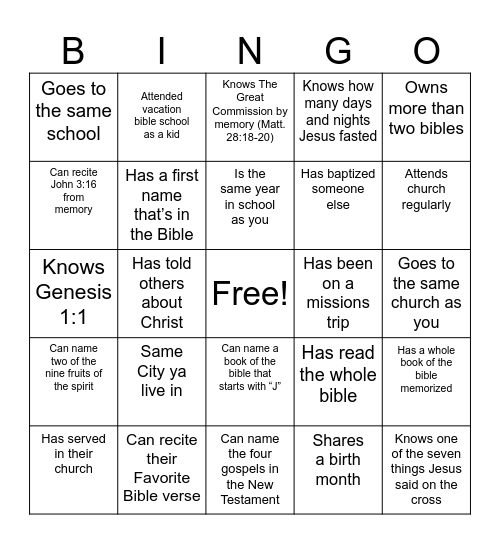 Christian Bingo! Find someone who... Bingo Card