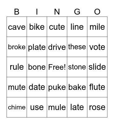Long vowel with silent e Bingo Card