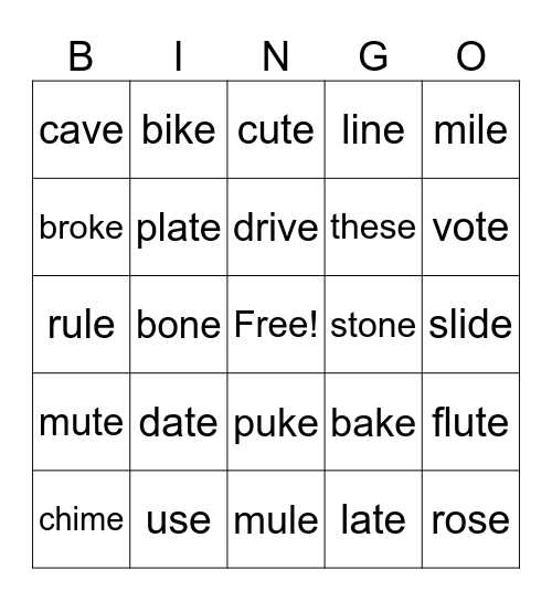 Long vowel with silent e Bingo Card