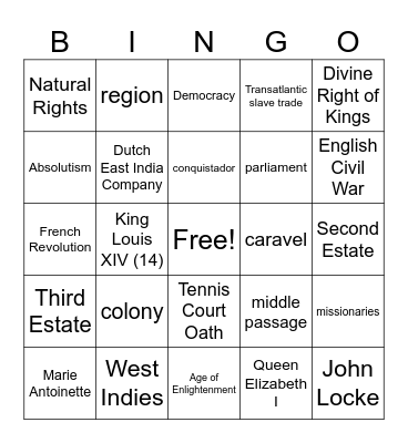 Ages of Colonization, Absolutism, Enlightenment, and Exploration Review Bingo Card