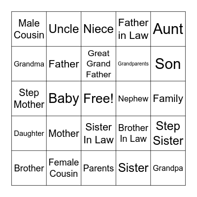 ASL Family Vocabulary Bingo Card