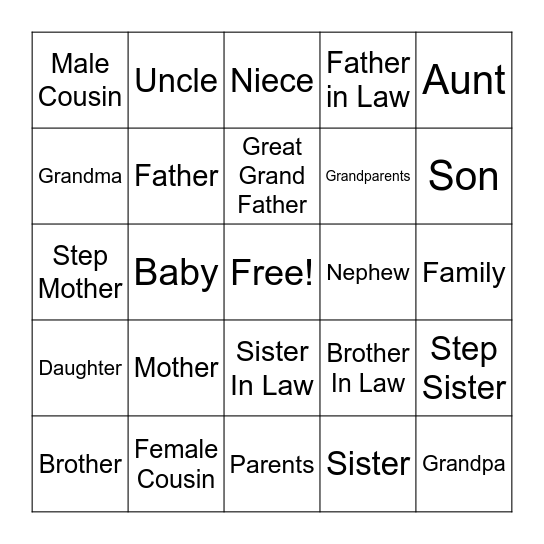 ASL Family Vocabulary Bingo Card