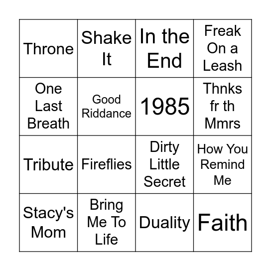 Emo x Pop Punk Round 3 Bingo Card
