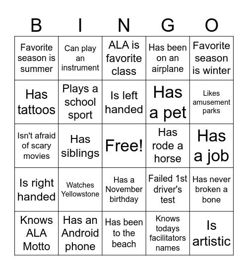 ALA Bingo Card