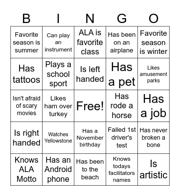 ALA Bingo Card