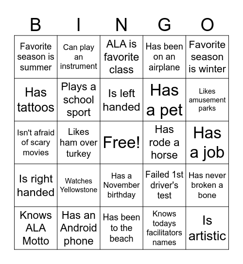 ALA Bingo Card