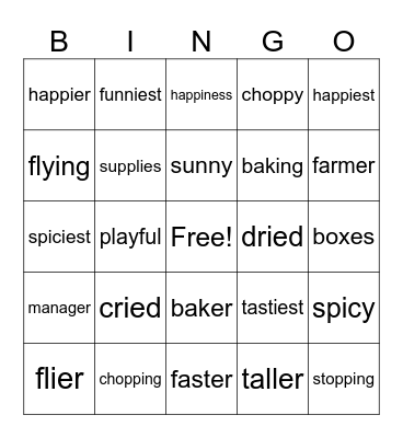 Suffixes Bingo Card