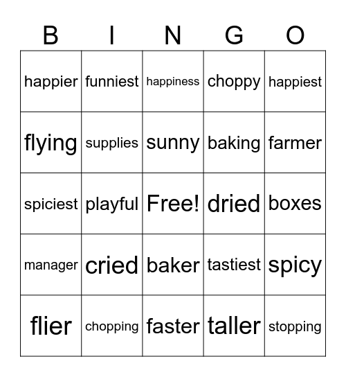 Suffixes Bingo Card