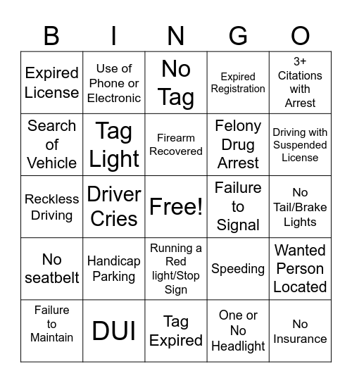 Traffic Bingo Card