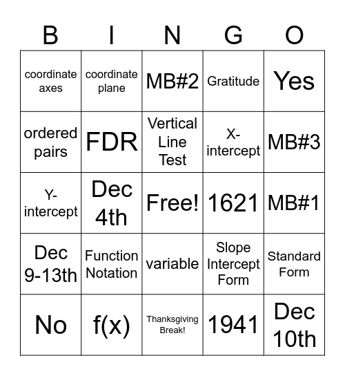 Math Thanksgiving Bingo Card