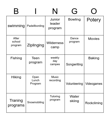 YouthNet Bingo Card