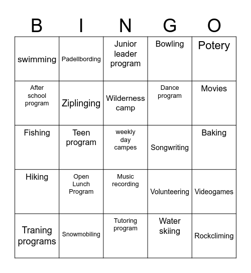 YouthNet Bingo Card