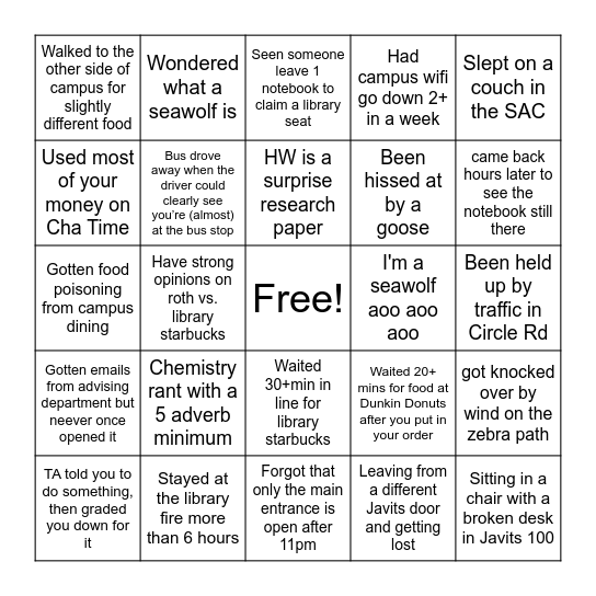 Stony Brook Bingo Card