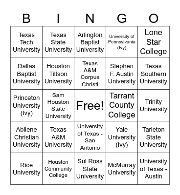 University/College Bingo Card