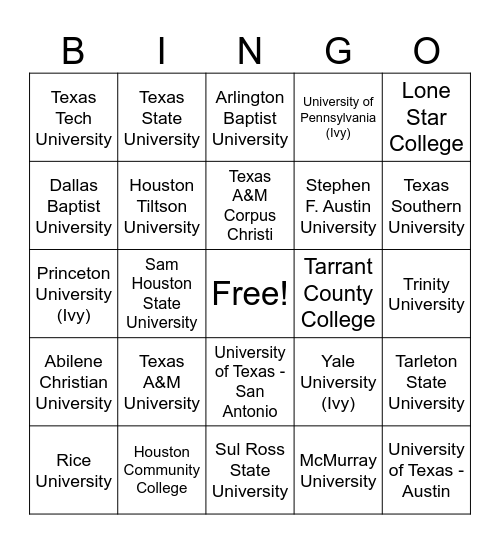 University/College Bingo Card