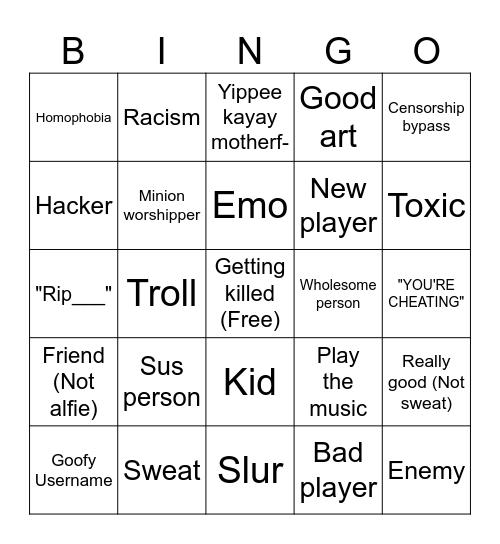 Roblox bingo Card