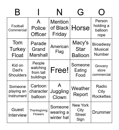 Macys Thanksgiving Day Parade 2020 Bingo Card