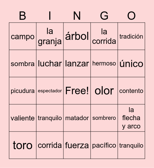 spanish vocab Bingo Card