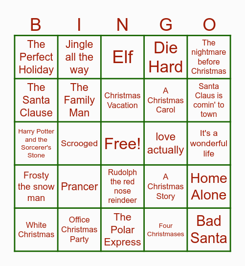 HOLIDAY MOVIE Bingo Card