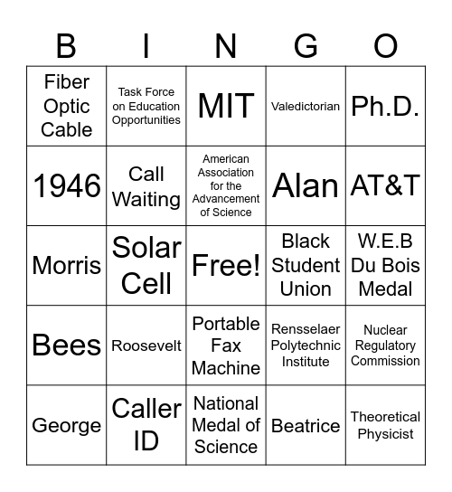 Shirley Ann Jackson Bingo Card
