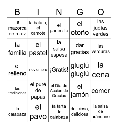 Día de Acción de Gracias Bingo Card