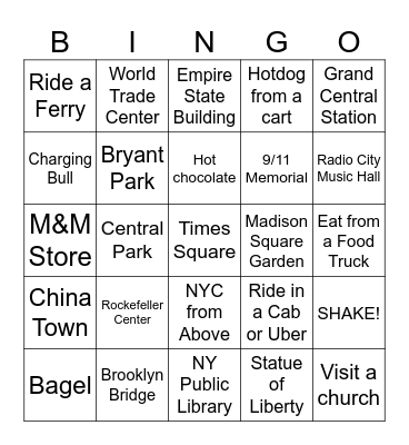 New York Sightseeing Bingo Card