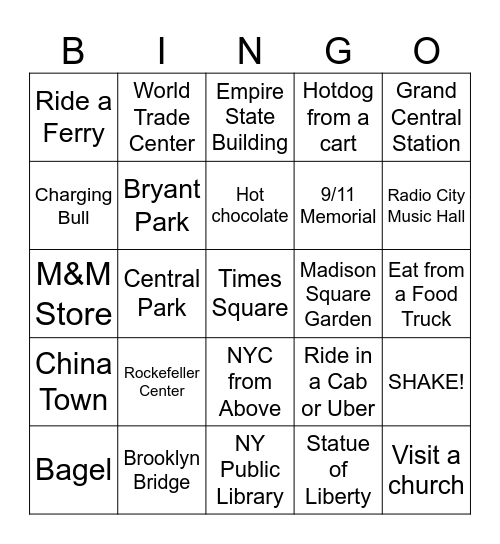 New York Sightseeing Bingo Card