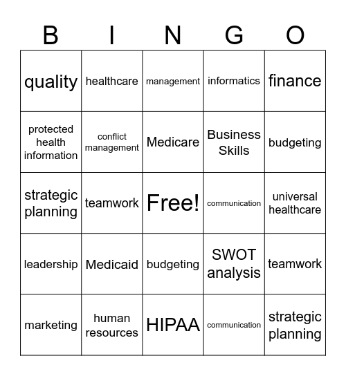 Intro to HSM/ Health Professions Bingo Card